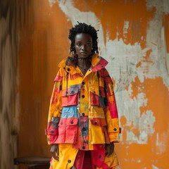 Obraz premium Fashion of the future. African american woman in bright, colored clothes posing by the industrial wall. Stylish beautiful fashion models, extraordinary fashion, modern style