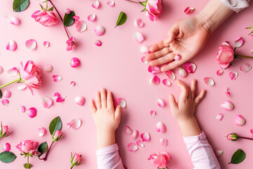 Obraz na płótnie Canvas Top view layout of mother hand and little daughter hand surrounded by rose petals over pink backgorund. Mother's day conceptual banner for promotion