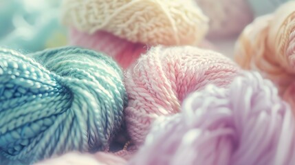Soft Pastel Colored Yarn Balls in Close-Up - obrazy, fototapety, plakaty