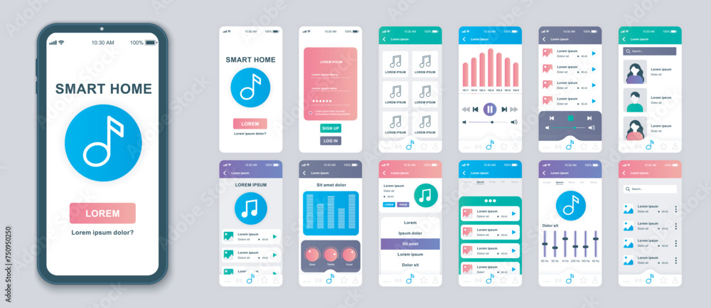 Poster music mobile app screens set for web templates. pack of songs playlist, online media player, album s