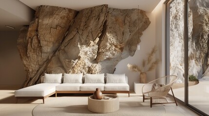 Natural rock formation integrated into a serene living room design with minimalist furniture and organic textures