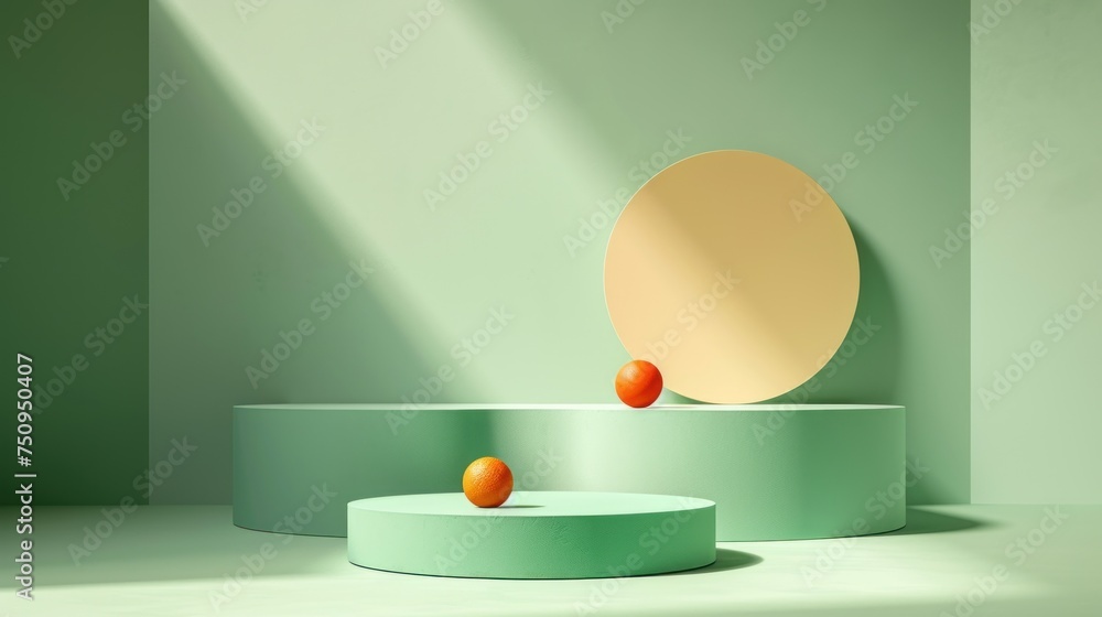 Poster a round mirror sitting on top of a table next to a round object on top of a round table in a green r