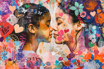 Colorful collage style image of mother and daughter headshot surrounded by hearts, flowers and symbols of love. Mother's day conceptual banner