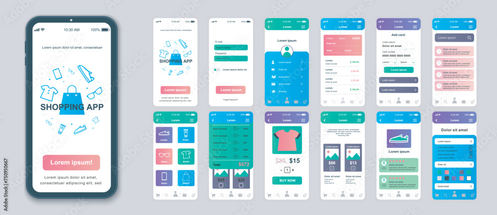 Poster shopping mobile app screens set for web templates. pack of profile login, online purchases, discount