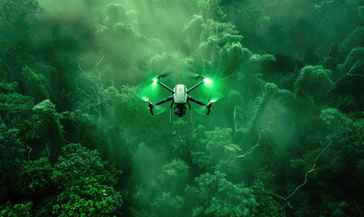 A flying drone, neon green glowing background - 750950628