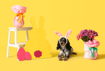 Cute cocker spaniel in bunny ears with beautiful tulips, Easter gift eggs and paper rabbit on...