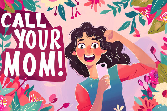 Call your mom illustration cartoon banner with girl holding smart phone. Colorful banner for Mother's Day