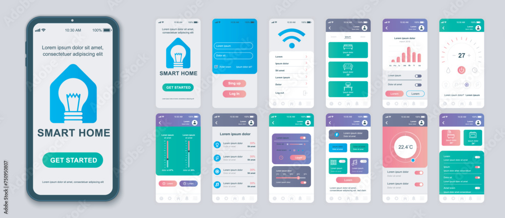 Aufkleber smart home mobile app screens set for web templates. pack of profile login, automation control, onli