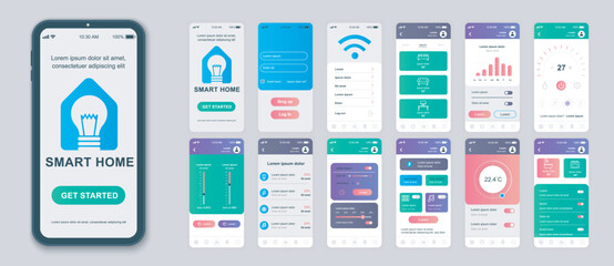 Smart home mobile app screens set for web templates. Pack of profile login, automation control, online monitoring thermostats. UI, UX, GUI user interface kit for cellphone layouts. Vector design - obrazy, fototapety, plakaty