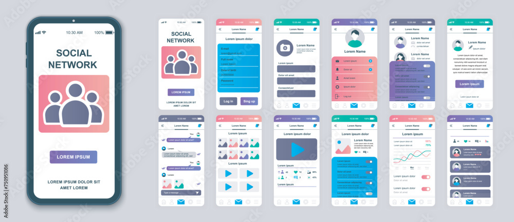 Leinwandbilder social network mobile app screens set for web templates. pack of profile login, account information,