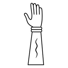 Raised up human hand with open palm. Arm symbol. Black and white linear silhouette.