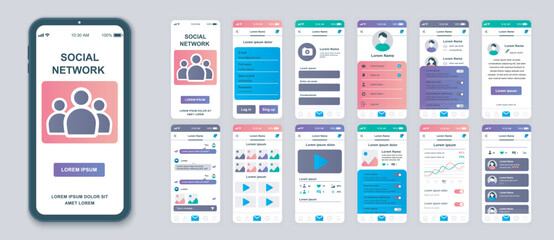 Social network mobile app screens set for web templates. Pack of profile login, account information, online messages, statistics. UI, UX, GUI user interface kit for cellphone layouts. Vector design