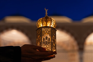Colorful Ramadan Lanterns in the Istanbul Icons Silhouette, Ramadan Month Background Concept Photo,...