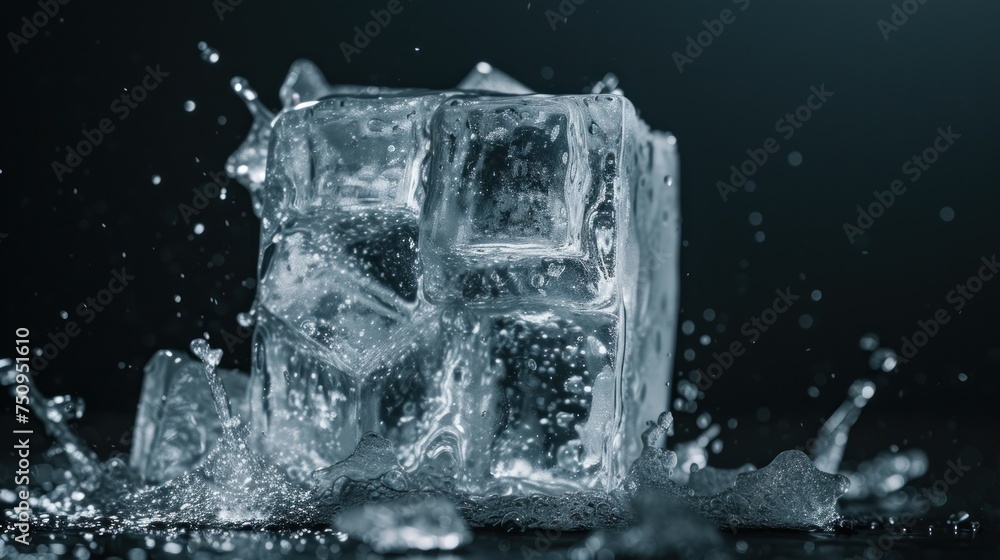 Poster a group of ice cubes with water splashing out of them on a black surface with a black background.