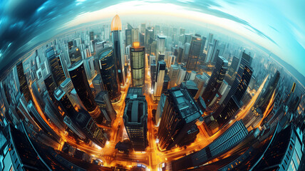 High angle view of futuristic cityscape through fish eye lens. Sleek skyscrapers touch the clouds, neon lights illuminate the streets, and advanced technology seamlessly integrates with daily life. - 750952058