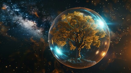 Glowing globe with a tree on top. 3D rendering and illustration