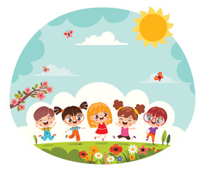 Obraz na płótnie Canvas Cartoon Children Playing At Nature