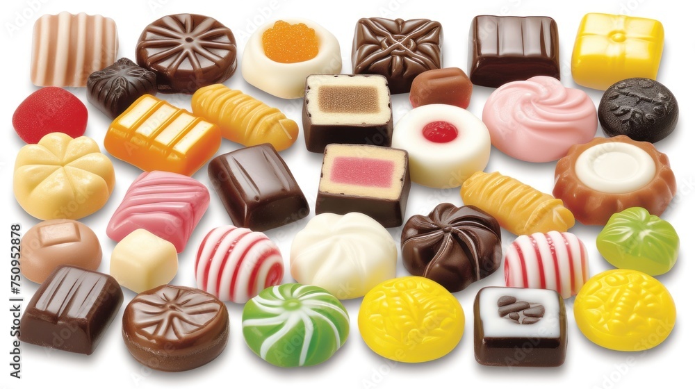 Poster a pile of different types of candies on a white background with a clipping for a caption in the top 