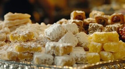 a close up of a tray of pastries on a table with other pastries and desserts in the background.