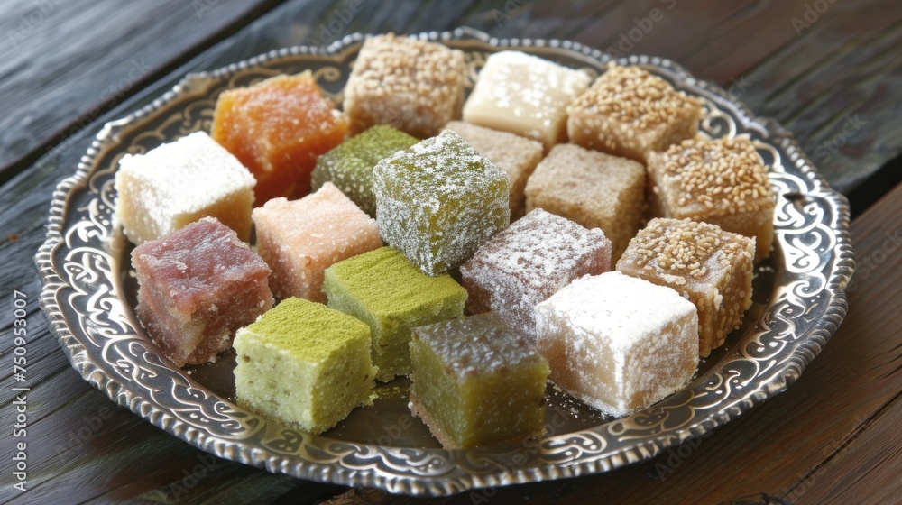 Poster a plate full of different types of sugar cubes on a wooden table with a wooden table in the backgrou