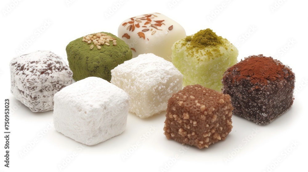 Poster a number of different types of desserts on a white background with a white background with a white b