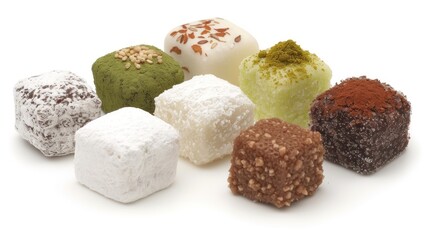 a number of different types of desserts on a white background with a white background with a white background and a white background with a few different types of desserts on it.