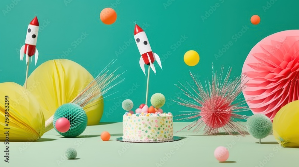 Poster a cake sitting on top of a table next to a bunch of balloons and a rocket on top of it.