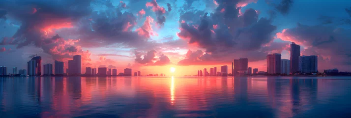 Zelfklevend Fotobehang The Skyline of Miami While Sunset , Sunset In The City With Palm Trees © Imran