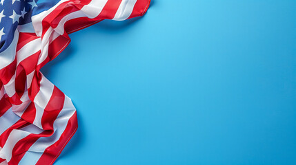 An American flag on blue backdrop