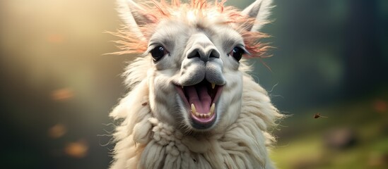 An alpaca stands with its mouth open and hair blowing in the wind, looking playful and lively. - obrazy, fototapety, plakaty