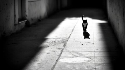 a black and white photo of a cat walking down a dark alley way with its shadow on the concrete floor.
