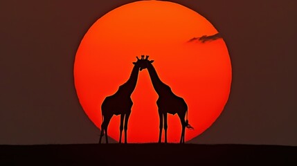 a couple of giraffe standing next to each other in front of a large orange sun in the sky.