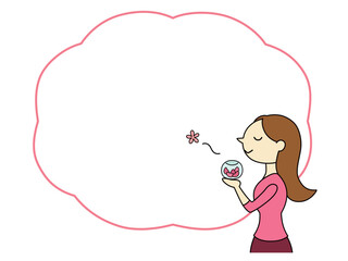 ポプリの香りを楽しむロングヘアの女性　フレーム付　主線あり