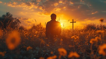 Christian man praying in front of the cross sitting on a meadow at sunset