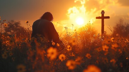Christian man praying in front of the cross sitting on a meadow at sunset