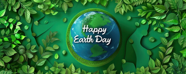 A vivid Earth Day banner with the globe set against a background of abstract green waves, ideal for digital marketing campaigns or as a backdrop for eco-conscious events.