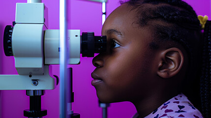 Optometrist performing visual field test of  afro american young girl - obrazy, fototapety, plakaty