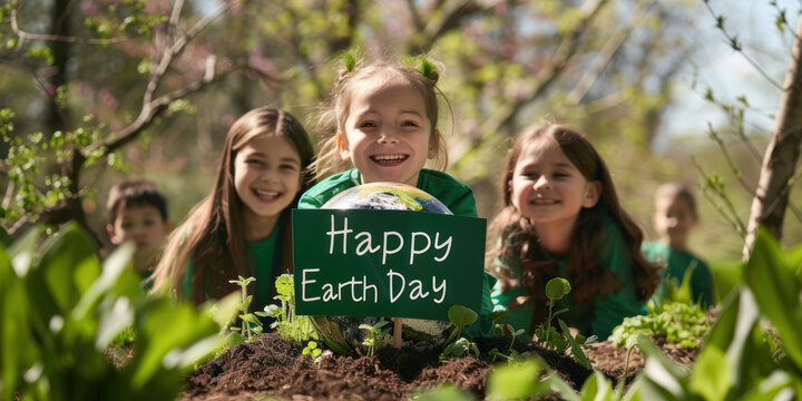 A group of children in green clothing surrounds a globe with a 'Happy Earth Day' sign, perfect for educational purposes or promoting youth engagement in environmental stewardship.
