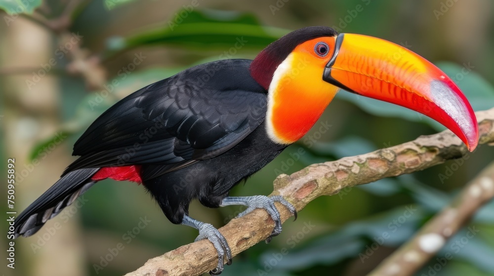 Poster a toucan sitting on a branch with a colorful beak on it's head and a green leaf in the background.