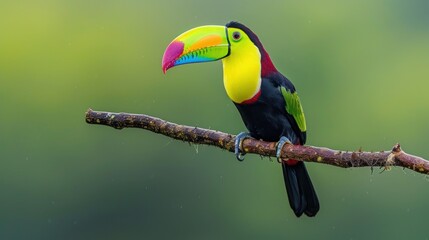 Fototapeta premium a toucan sitting on a branch with a colorful beak on it's head and a green background.
