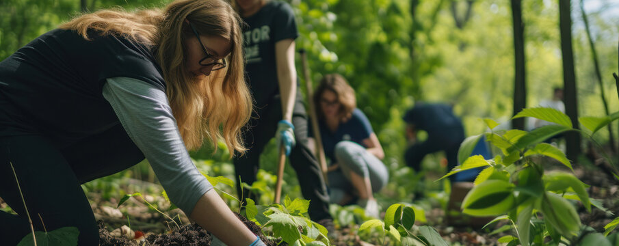 Volunteers engaged in a community clean-up event, an image that underscores the importance of collective environmental efforts, ideal for showcasing Earth Day initiatives and community involvement.