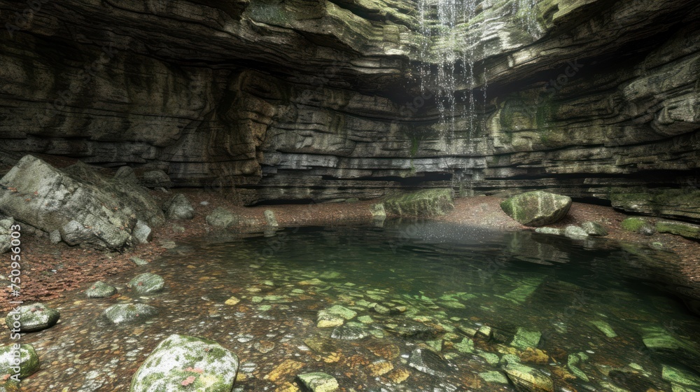 Poster a small pool of water with a waterfall coming out of the side of a cliff in the middle of a forest.