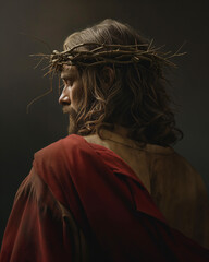  Jesus Christ with crown of thorns and red robe, the son of God