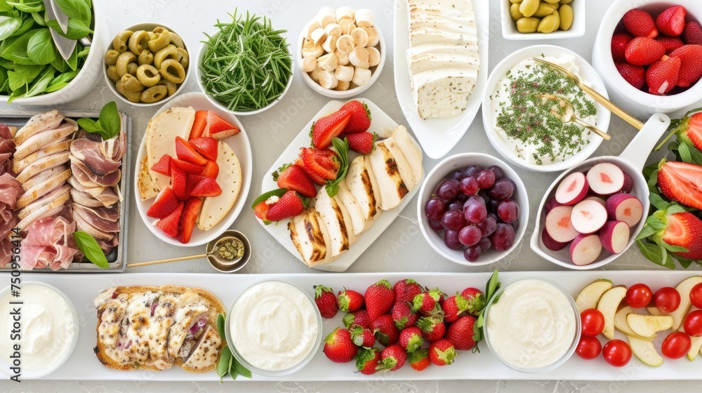 Poster a table topped with lots of different types of fruits and veggies next to bowls of dips and dips.
