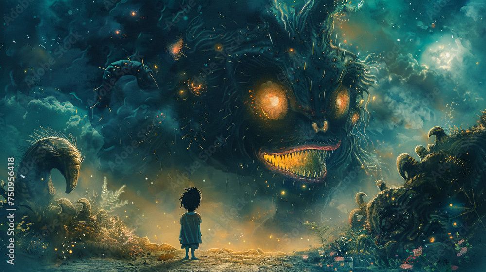 Wall mural child in luminous landscapes, boy with monster at the night. kid standing on a giant monster. dark f