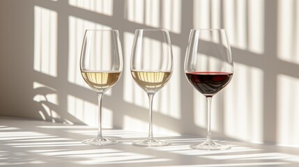 three glasses of wine sitting next to each other on a table in front of a window with a shadow cast on the wall.