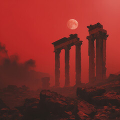 Fototapeta premium Close up shot of ancient ruins against a red sky in a minimalist style