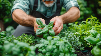 mature man picking up herbs and vegetables from own home garden. Home garden. A man harvests greenery. - obrazy, fototapety, plakaty