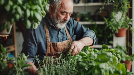 mature man picking up herbs and vegetables from own home garden. Home garden. A man harvests greenery. - obrazy, fototapety, plakaty