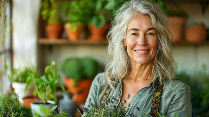 smiling mature woman picking up herbs from own home plants. Individual cultivating a herb garden at home. - obrazy, fototapety, plakaty